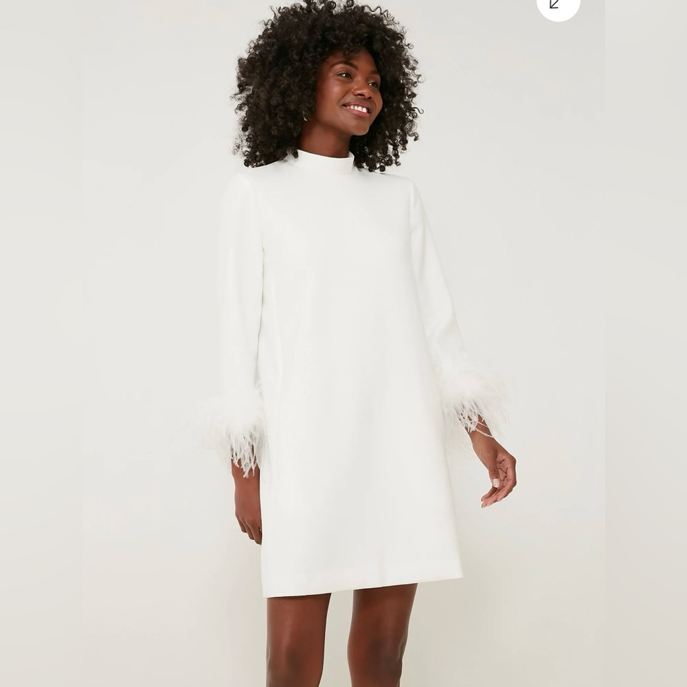Tuckernuck White Mock Neck Dress with Feather Trim
